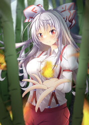  absurdres bamboo bamboo_forest blush bow breasts female fire forest fujiwara_no_mokou grey_hair hairbow highres large_breasts long_hair looking_at_viewer nature outstretched_hand pants red_eyes red_pants red_suspenders shirt shiso_gohan smile solo touhou white_bow white_shirt 