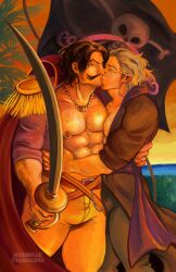  2boys abs absurdres bara bare_pectorals black_hair coat couple cowboy_shot facial_hair feet_out_of_frame glasses gol_d._roger hairy highres holding holding_sword holding_weapon hug jezebellet_vt jolly_roger kissing large_pectorals long_mustache male_focus mature_male moustache multiple_boys muscular muscular_male nipples one_piece pants pectorals pirate roger_pirates_jolly_roger short_hair silvers_rayleigh sparse_chest_hair standing sunset sword thick_arm_hair thick_eyebrows weapon yaoi 