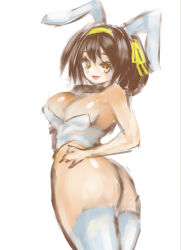  animal_ears ass breasts brown_eyes brown_hair female highres large_breasts looking_at_viewer mint_(pixiv_76065484) playboy_bunny rabbit_ears ribbon short_hair smile solo suzumiya_haruhi suzumiya_haruhi_no_yuuutsu yellow_ribbon 