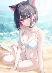  absurdres alternate_costume animal_ears bare_shoulders beach bikini black_choker black_hair blue_archive breasts cat_ears choker cleavage colored_inner_hair female hair_over_one_eye halo highres kazusa_(blue_archive) looking_at_viewer multicolored_hair myowa navel outdoors pink_eyes pink_hair sand sandals sitting solo stomach swimsuit unworn_sandals white_bikini white_footwear 