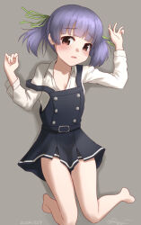  barefoot black_dress blunt_bangs brown_eyes collared_shirt dress dress_shirt female from_above full_body grey_background grey_hair kantai_collection lying medium_hair one-hour_drawing_challenge ooshio_(kancolle) ooshio_kai_ni_(kancolle) open_clothes open_shirt pinafore_dress ray.s shirt sleeveless sleeveless_dress solo white_shirt 