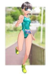  absurdres aqua_one-piece_swimsuit black_hair blurry blurry_background breasts brown_eyes clothes_writing commentary_request competition_swimsuit covered_navel female full_body green_footwear highleg highleg_one-piece_swimsuit highres one-piece_swimsuit original race_bib railing road running short_hair small_breasts solo sunglasses swimsuit takafumi tomboy triathlon two-tone_swimsuit variant_set 