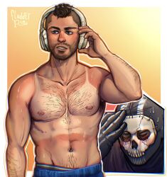  2boys bara black_hair blue_shorts blush call_of_duty call_of_duty:_modern_warfare_2 closed_eyes facial_hair ghost_(modern_warfare_2) headphones highres large_pectorals male_focus mask meme multiple_boys muscular muscular_male navel nipples pectorals shell_(fludderpy) short_hair shorts skull_mask soap_(modern_warfare_2) tan topless_male yaoi 