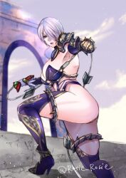  artist_name bandai_namco breasts gauntlets holding holding_sword holding_weapon huge_breasts isabella_valentine legs lipstick looking_at_viewer makeup purple_hair purple_lips revealing_clothes rosie_rosie single_gauntlet soulcalibur sword weapon whip whip_sword 