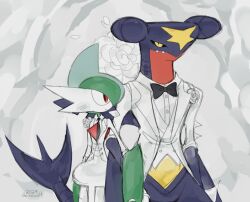  2024 anthro arm_in_arm biped black_bow_tie black_sclera black_tie_(suit) blue_body blue_scales blush blush_lines bow_tie clothing colored deinovolt digit_ring digital_drawing_(artwork) digital_media_(artwork) duo english_description gallade garchomp generation_4_pokemon hi_res husband_and_husband jewelry looking_at_another looking_at_partner looking_at_viewer male male/male multicolored_body multicolored_scales nintendo pokemon pokemon_(species) red_body red_eyes red_scales red_spikes ring scales shark_tail side_by_side signature smile smiling_at_partner suit wedding wedding_ring white_clothing white_rose white_suit yellow_body yellow_eyes yellow_scales 