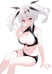  absurdres azur_lane bare_shoulders black_shorts blush bow breasts catnnn cleavage crop_top female hairbow highres joffre_(azur_lane) joffre_(blessings&#039;_first_flight)_(azur_lane) large_breasts long_hair looking_at_viewer navel official_alternate_costume purple_eyes race_queen revealing_clothes short_shorts shorts simple_background sitting solo stomach thigh_strap twintails white_background 