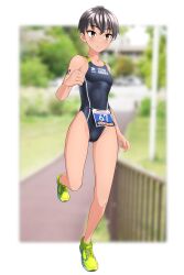  absurdres black_hair black_one-piece_swimsuit blurry blurry_background breasts brown_eyes clothes_writing commentary_request competition_swimsuit covered_navel female full_body green_footwear highleg highleg_one-piece_swimsuit highres multicolored_clothes multicolored_swimsuit one-piece_swimsuit original race_bib railing road running short_hair small_breasts solo sweat swimsuit takafumi tomboy triathlon variant_set 