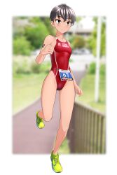  absurdres black_hair blurry blurry_background breasts brown_eyes clothes_writing commentary_request competition_swimsuit covered_navel female full_body green_footwear highleg highleg_one-piece_swimsuit highres multicolored_clothes multicolored_swimsuit one-piece_swimsuit original race_bib railing red_one-piece_swimsuit road running short_hair small_breasts solo swimsuit takafumi tomboy triathlon variant_set 