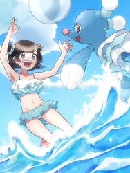  :d alternate_costume aria_pkmn ball beachball beads brionne cloud commentary day double_bun eyelashes female from_below grey_eyes hair_beads hair_bun hair_ornament highres oerba_yun_fang open_mouth outdoors playing pokemon pokemon_(creature) pokemon_sm selene_(pokemon) sky smile swimsuit symbol-only_commentary teeth upper_teeth_only wading water 