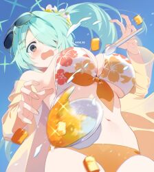  aqua_hair bikini bikini_ribbon blue_archive blue_sky breasts cleavage commentary_request dropped_food dropping dutch_angle female floral_print flower food from_below grey_eyes hair_flower hair_ornament hair_over_one_eye hairclip halo hiiragi_akio hiyori_(blue_archive) hiyori_(swimsuit)_(blue_archive) large_breasts long_hair navel o-ring o-ring_bikini open_mouth shaved_ice side_ponytail sky solo stomach sunglasses swept_bangs swimsuit tearing_up twitter_username wavy_mouth 