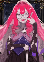  baobhan_sith_(fate) baobhan_sith_(swimsuit_pretender)_(fate) baobhan_sith_(swimsuit_pretender)_(second_ascension)_(fate) black_nails black_skirt blush book breasts capelet commentary detached_sleeves ear_piercing fangs fate/grand_order fate_(series) female glasses grey_capelet grey_eyes hand_up highres holding holding_book kou_0623 long_hair long_sleeves looking_at_viewer open_mouth piercing pink_hair pointy_ears purple_shirt round_eyewear shirt sidelocks skirt smile solo 