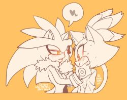  1boy blaze_the_cat blush commentary_request female furry furry_female furry_male gloves hand_on_another&#039;s_face heart korean_commentary silver_the_hedgehog simple_background sonic_(series) spoken_heart straight sucho sweat yellow_background yellow_eyes 