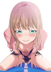  1boy ari_87 asanaka_yomogi blush breasts brown_hair female good_morning_my_brother!_(meme) green_eyes gridman_universe gridman_universe_(film) highres long_hair looking_at_viewer meme minami_yume pov scar scar_on_leg shirt sitting skirt smile straight 