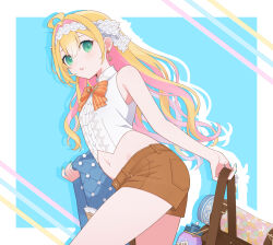  28284c ahoge aqua_eyes bag bare_shoulders blonde_hair blush breasts colored_inner_hair earrings female hair_intakes hairband highres holding holding_bag holding_clothes holding_jacket jacket jewelry long_hair midriff millie_parfait millie_parfait_(4th_costume) multicolored_hair navel nijisanji nijisanji_en parted_lips shorts small_breasts solo virtual_youtuber 