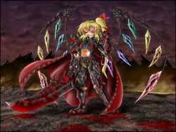  armor bad_deviantart_id bad_id blackmorass blonde_hair blood blood_on_face fangs female flandre_scarlet glowing glowing_eyes hair_ribbon highres parody photoshop_(medium) red_eyes ribbon solo sword touhou warcraft weapon wings world_of_warcraft 