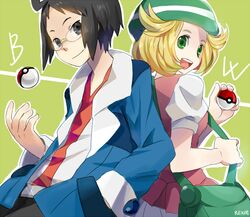  1boy bag bianca_(pokemon) black_eyes black_hair blonde_hair cheren_(pokemon) commentary_request female glasses green_eyes hat holding holding_poke_ball jacket poke_ball poke_ball_(basic) pokemon pokemon_bw reka 