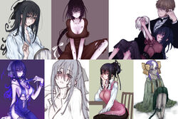  1boy 2girls aged_down ahoge apron bad_id bad_pixiv_id barefoot black_hair blood blouse blush bow braid breasts brown_hair chacoly_cocotte chains cleavage collar dress earrings formal glasses hair_bun hair_ribbon hairbow hamutz_meseta hand_fan jewelry large_breasts mattalast_balory multicolored_hair multiple_girls neku_(pld) open_clothes open_shirt purple_eyes ribbon scar sewing shirt single_hair_bun smile stuffed_animal stuffed_toy suit tatakau_shisho 