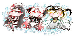  3girls :3 abyssal_ship barnacle batavia_princess beret black_hair chibi clam_shell closed_eyes commentary dated entombed_air_defense_guardian_princess glasses hat hi_ye ice kantai_collection long_hair lunga_ocean_heavy_cruiser_princess lying makeshift_bra multicolored_hair multiple_girls nautilus_(animal) on_back orthocone red_hair sidelocks signature twitter_username two-tone_hair white_hair 