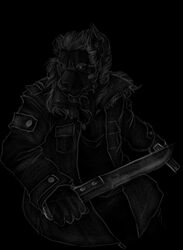  2021 anthro biped black_background clothed clothing digital_media_(artwork) gun holding_gun holding_melee_weapon holding_object holding_ranged_weapon holding_sword holding_weapon jacket male melee_weapon monochrome pav ranged_weapon simple_background solo species_request sword topwear weapon 