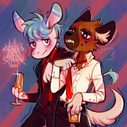  1:1 2020 aggretsuko alcohol anthro arm_on_shoulder asinus beverage clothing donkey drunk duo equid equine haida_(aggretsuko) hi_res hyena male mammal necktie sanrio sintastein spotted_hyena substance_intoxication suit tadano_(aggretsuko) tugging 