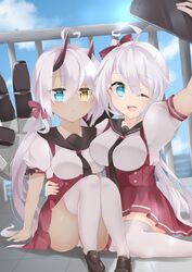  2girls ahoge azur_lane between_breasts black_necktie black_sailor_collar blue_eyes blue_sky blush bow breasts closed_mouth cloud commentary_request dark-skinned_female dark_skin day ebichiri_sunday expressionless full_body hairbow heart heart-shaped_pupils heart_ahoge heterochromia highres horns indianapolis_(at_school_with_my_sister...)_(azur_lane) indianapolis_(azur_lane) large_breasts long_hair looking_at_viewer medium_breasts miniskirt multiple_girls necktie necktie_between_breasts official_alternate_costume one_eye_closed open_mouth outdoors panties pink_hair pleated_skirt portland_(at_school_with_indy!)_(azur_lane) portland_(azur_lane) puffy_short_sleeves puffy_sleeves railing red_bow red_horns red_skirt sailor_collar school_uniform selfie serafuku shirt short_sleeves siblings side_ponytail sisters skirt sky smile suspender_skirt suspenders symbol-shaped_pupils thighhighs twintails underwear very_long_hair white_hair white_panties white_shirt white_thighhighs yellow_eyes 