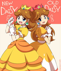  2girls artist_name blush bras_d&#039;honneur breasts brooch brown_hair character_name commentary_request crown dress dual_persona earrings elbow_gloves english_text eromame flipped_hair flower_earrings from_behind gloves hands_up happy jewelry long_dress long_hair looking_at_another looking_at_viewer looking_back mario_(series) medium_hair multiple_girls notice_lines open_mouth own_hands_together princess_daisy puffy_short_sleeves puffy_sleeves red_headwear sash short_sleeves signature simple_background small_breasts smile standing steepled_fingers super_mario_land twitter_username two-tone_background white_gloves yellow_dress yellow_headwear 