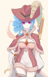  blue_hair breasts brooch brown_cape brown_dress brown_gloves brown_headwear brown_thighhighs cape cavalier_hat closed_mouth commentary_request cowboy_shot dress drill_hair expressionless female fur-trimmed_cape fur-trimmed_dress fur_trim garter_straps gloves hand_on_own_hip jewelry large_breasts looking_at_viewer medium_hair official_alternate_costume orange_gemstone pi_(pyaaaro) pink_eyes plume ragnarok_online short_dress side_drill simple_background solo thighhighs two-tone_dress warlock_(ragnarok_online) white_background white_dress 