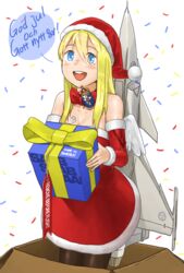  aircraft airplane anyan_(jooho) blonde_hair blue_eyes blush bow box breast_tattoo breasts cardboard_box christmas coat_of_arms confetti english_text female fighter_jet flight_highschool gift hat highres jas-39_(flight_highschool) jet korean_commentary long_hair military military_vehicle original santa_costume santa_hat smile solo sweden swedish_text tattoo thighhighs translated tre_kronor 