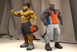  2019 3d_(artwork) abs anthro barefoot biceps black_body black_bottomwear black_clothing black_fur black_shorts blue_clothing blue_shirt blue_tank_top blue_topwear bottomwear braford brown_hair claws clothed clothing curtains dated deltoids digital_media_(artwork) doug_(braford) duo facial_hair feet felid footwear fur goatee grey_clothing grey_footwear grey_shoes hair holding_clothing holding_object holding_shirt holding_topwear house_of_beef lion male mammal multicolored_clothing multicolored_shirt multicolored_tank_top multicolored_topwear nipples obliques orange_clothing orange_shirt orange_tank_top orange_topwear pantherine pants pecs ponytail shirt shoes shorts signature sneakers stan_(braford) sweatpants tail tail_tuft tank_top toe_claws topless topwear triceps tuft yellow_body yellow_fur 