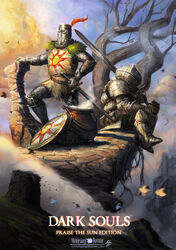  2boys armor artist_name bare_tree breastplate cauldron cliff cloud commentary copyright_name cup dark_souls_(series) dark_souls_i day full_armor full_body gauntlets greatsword greaves helmet highres holding holding_cup holding_sword holding_weapon knight looking_away male_focus michele_giorgi mug multiple_boys over_shoulder pauldrons plume shield shoulder_armor siegmeyer_of_catarina sitting solaire_of_astora steam sun_symbol sword tabard tree watermark weapon web_address 