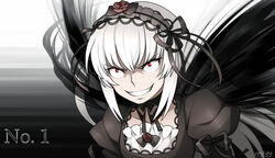  accelerator_(toaru_majutsu_no_index) artist_name commentary_request constricted_pupils evil_grin evil_smile female flower gothic_lolita grin hairband lolita_fashion long_hair mtyy parody photoshop_(medium) puffy_sleeves red_eyes ribbon rose rozen_maiden season_connection smile solo suigintou toaru_kagaku_no_railgun toaru_majutsu_no_index trait_connection white_hair 