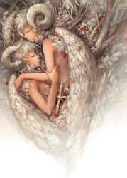  2girls angel_wings closed_eyes commentary_request horns malu multiple_girls original photoshop_(medium) sheep_horns short_hair silver_hair topless wings 