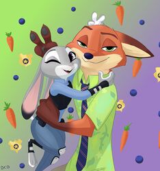  2018 aloha_shirt anthro bunny_ears_(gesture) canid canine clothing digital_media_(artwork) disney duo female fox fur gesture hi_res hug judy_hopps lagomorph leporid male mammal necktie nick_wilde one_eye_closed pattern_clothing pattern_shirt pattern_topwear rabbit red_fox shirt simple_background skelly_doll smile topwear true_fox uniform wink zootopia 