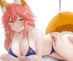  animal_ear_fluff animal_ears arind_yudha bare_arms bare_shoulders bikini blue_bikini blush breasts cleavage closed_mouth collarbone commentary fate/grand_order fate_(series) female fingernails fox_ears fox_girl fox_print fox_tail hair_between_eyes highres huge_breasts lips long_hair looking_at_viewer oerba_yun_fang orange_trim pink_hair side-tie_bikini_bottom skin_fang solo swimsuit tail tamamo_(fate) tamamo_no_mae_(swimsuit_lancer)_(fate) tamamo_no_mae_(swimsuit_lancer)_(third_ascension)_(fate) thighs yellow_eyes 