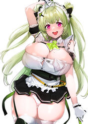  antenna_hair apron arm_up ass_visible_through_thighs barcode belt black_dress blush breasts button_gap commentary cowboy_shot dress eyebrows_hidden_by_hair female garter_straps gloves goddess_of_victory:_nikke green_hair green_ribbons hair_ornament hairclip highres huge_breasts long_hair looking_at_viewer maid_headdress mole mole_on_breast open_mouth panties pink_eyes ribbon simple_background skindentation sleeveless sleeveless_dress soda_(nikke) solo teeth thigh_gap thighhighs thighs tomohiro_kai underwear upper_teeth_only very_long_hair waist_apron white_apron white_dress white_gloves white_panties 