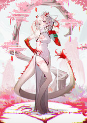  absurdres arknights arm_tattoo bare_shoulders bead_bracelet beads blush bracelet breasts cherry_blossoms china_dress chinese_clothes colored_skin dragon_girl dragon_horns dragon_tail dress female flame-tipped_tail folding_fan full_body grin hand_fan hand_on_own_hip hand_up high_heels highres horns jewelry krin_(krinnin) leg_tattoo looking_at_viewer multicolored_hair nian_(arknights) nian_(unfettered_freedom)_(arknights) official_alternate_costume pelvic_curtain pink_eyes ponytail red_hair red_skin sleeveless sleeveless_dress small_breasts smile solo standing streaked_hair tail tattoo white_dress white_footwear white_hair 