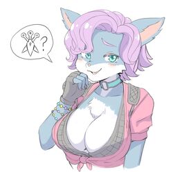  :3 blue_eyes blush breasts choker cleavage female furry furry_female jalm large_breasts looking_at_viewer o-ring o-ring_choker oerba_yun_fang paladins pepper_(paladins) purple_hair red_shirt shirt short_sleeves simple_background smile solo tied_shirt upper_body white_background 