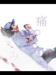  1boy bandaid bandaid_on_hand baseball_cap black_pants blood closed_eyes collared_shirt commentary_request eyeshadow from_side giacomo_(pokemon) hat letterboxed lying makeup male_focus nosebleed nyoripoke on_back pants parted_lips pointy_hair pokemon pokemon_sv shirt solo translation_request 