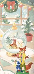  2019 anthro canid canine decoration detailed_background disney duo fox hb_runo judy_hopps lagomorph leporid mammal nick_wilde plant plant_pot potted_plant rabbit red_fox snow snow_globe snowing true_fox window wreath zootopia 