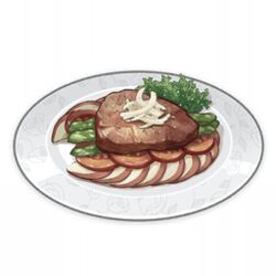  apple apple_slice artist_request food food_focus fruit game_cg garnish genshin_impact lowres meat muted_color no_humans official_art parsley plate simple_background still_life third-party_source transparent_background 