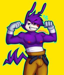  2020 adolescent animaniacs animaniacs_(2020) anime-aniacs anthro artisttito black_eyes bottomwear brown_clothing clothed clothing digital_media_(artwork) fur gloves hair handwear hi_res hulu inkblot looking_at_viewer male mammal muscular muscular_anthro muscular_male nipples pants purple_body purple_fur purple_hair raised_arm raised_tail red_nipples red_nose sharp_teeth signature simple_background smile solo standing tail teeth topless warner_brothers yakko_warner yellow_background young 