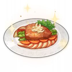  apple apple_slice artist_request food food_focus fruit game_cg garnish genshin_impact lowres meat no_humans official_art parsley plate simple_background sparkle still_life third-party_source transparent_background 