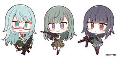  3girls :o assault_rifle black_gloves black_hair black_legwear blush brown_eyes brown_legwear camouflage camouflage_skirt cardigan chibi collared_shirt commentary_request copyright_notice glasses gloves green_hair green_skirt grey_cardigan grey_eyes grey_legwear grey_skirt gun h&amp;k_mp5 holding holding_gun holding_weapon howa_type_89 knee_pads kneehighs light_machine_gun little_armory long_sleeves m249 machine_gun multiple_girls muuran neck_ribbon nishibe_ai no_nose official_art pantyhose parted_lips pink_ribbon plaid plaid_skirt pleated_skirt puffy_long_sleeves puffy_sleeves red-framed_eyewear ribbon rifle school_uniform semi-rimless_eyewear shirane_rin shirt simple_background skirt smile socks submachine_gun toyosaki_ena under-rim_eyewear wavy_mouth weapon white_background white_shirt 