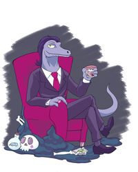  4:5 anthro bent_legs beverage clothed clothing crossed_legs disney furniture grey_body hair hi_res leg_over_thigh lizard looking_at_viewer male missing_finger necktie reptile scalie sitting sofa solo star_vs._the_forces_of_evil suit toffee_(svtfoe) unknown_artist yellow_eyes 