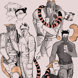  2boys absurdres animal_ears bara belt black_hair blonde_hair bulletproof_vest call_of_duty call_of_duty:_modern_warfare_2 carrying carrying_person cat_boy cat_ears cat_tail chibi closed_eyes covered_face finger_to_mouth helmet highres holding holding_phone horangi_(modern_warfare_2) jacket kemonomimi_mode konig_(call_of_duty) looking_at_another male_focus mask mouth_mask multiple_boys muscular muscular_male pants partially_colored phone shirt short_hair shushing spot_color sundaycat3 sunglasses tail tiger_boy tiger_ears tiger_tail yaoi 