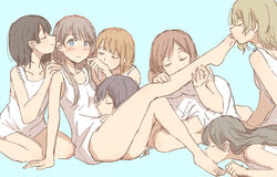  6+girls absurdres bare_arms bare_legs barefoot betock black_hair blue_background blue_eyes blush brown_hair closed_eyes closed_mouth collarbone commentary_request embarrassed feet harem highres kissing kissing_ear kissing_foot kissing_hand kissing_leg kissing_stomach legs long_hair long_shirt looking_at_viewer medium_hair multiple_girls orange_hair original seiza shirt simple_background sitting toes white_shirt yuri 