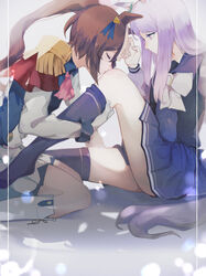  2girls animal_ears blue_ribbon blurry bokeh boots brown_hair closed_eyes commentary_request depth_of_field epaulettes gloves highres holding_legs horse_ears horse_girl horse_tail kissing_leg knee_boots kneeling long_hair mejiro_mcqueen_(umamusume) multiple_girls neck_ribbon ponytail purple_eyes purple_hair ribbon school_uniform sitting skirt sunacha tail thighhighs thighs tokai_teio_(umamusume) tracen_school_uniform umamusume white_background white_footwear white_gloves white_ribbon winter_uniform yuri 