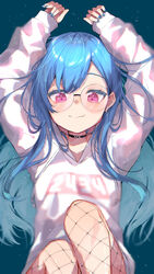  anatom_orange bad_id bad_pixiv_id black_choker blue_hair choker earrings eyebrows_hidden_by_hair fang_out female fishnets flat_chest glasses hair_behind_ear highres hood hoodie jewelry long_hair looking_down nail_polish nijisanji nishizono_chigusa nishizono_chigusa_(2nd_costume) oerba_yun_fang purple_eyes round_eyewear skin_fang smile solo virtual_youtuber white_hoodie 