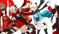  1boy 4girls ahoge akatsuki_ikki black_hair black_thighhighs blush breasts dark-skinned_female dark_skin fate/grand_order fate_(series) gloves hair_between_eyes hair_ornament hair_over_one_eye hair_ribbon haori hat highres holding jacket japanese_clothes koha-ace leg_belt long_hair multiple_girls oda_nobukatsu_(fate) oda_nobunaga_(fate) oda_nobunaga_(swimsuit_berserker)_(fate) oda_nobunaga_(swimsuit_berserker)_(first_ascension)_(fate) okita_souji_(fate) okita_souji_(koha-ace) okita_souji_alter_(fate) okita_souji_alter_(first_ascension)_(fate) red_shirt ribbon scarf shirt simple_background skirt thighhighs thumbs_up victory_pose waving white_background white_gloves white_hair yellow_eyes 