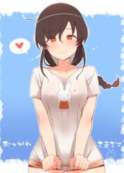  blush braid breasts brown_hair eyes_visible_through_hair female hair_between_eyes heart kantai_collection long_hair medium_breasts miffy miffy_(character) orange_eyes orange_shorts outline see-through shin_(new) shirt short_sleeves shorts simple_background single_braid smile solo souya_(kancolle) spoken_heart t-shirt two-tone_background white_outline white_shirt 